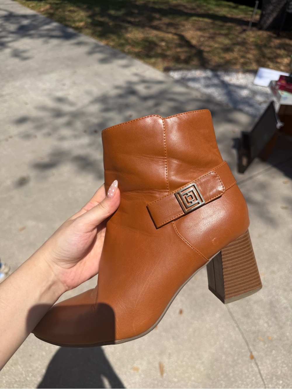 Women’s Tan Leather Block Heel Ankle Boot with Decorative Buckle